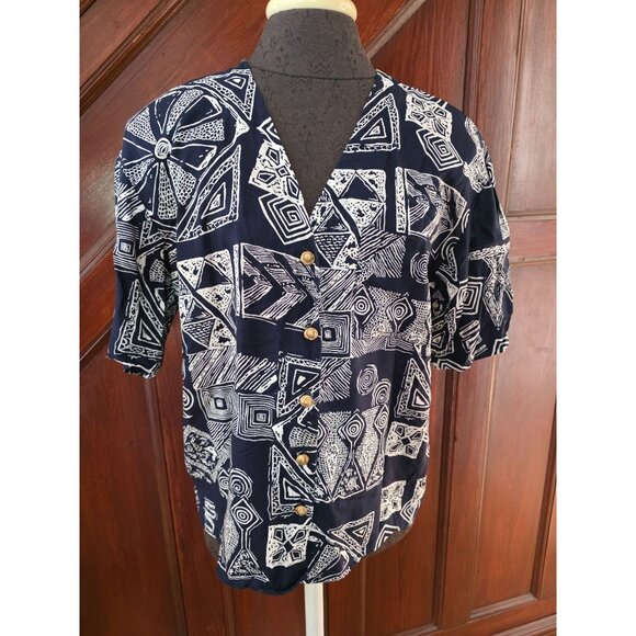 Vintage Norton McNaughton Blue Geometric Print Short Sleeve Blouse Size 8 Womens - Picture 1 of 7